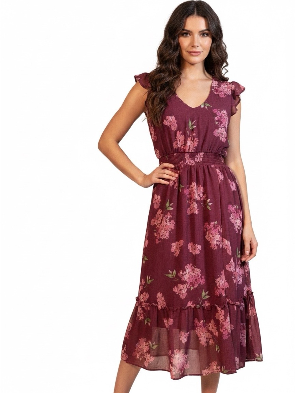 Rewind Wine Floral V-Neck Midi Dress